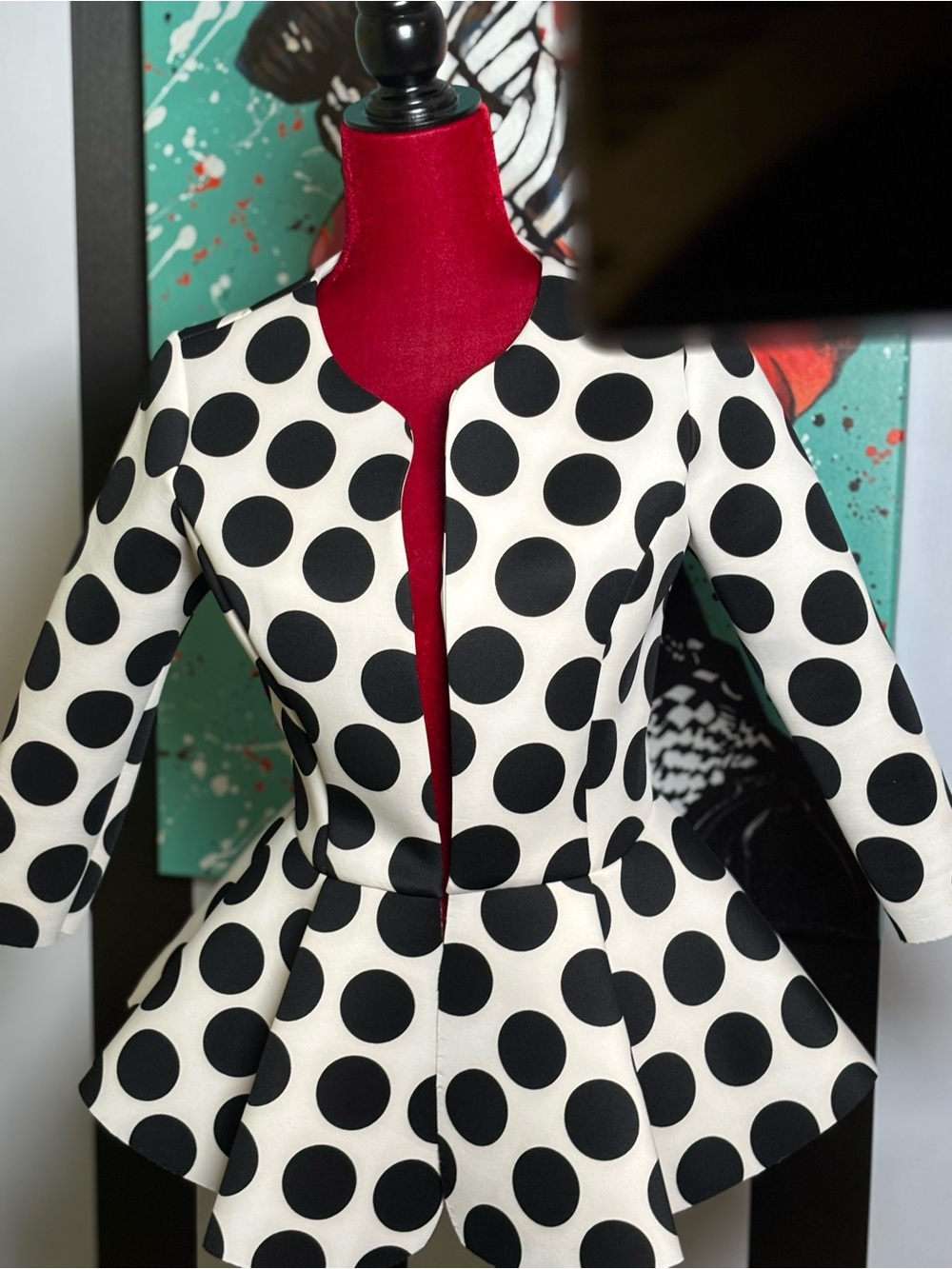 Women's Black & White Polka Dot Peplum Blazer - Picture 2 of 5